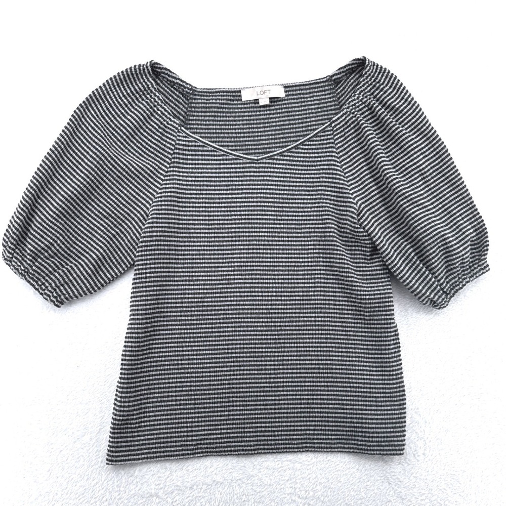 LOFT Womens Puff Sleeve Top Medium Black White Striped Ribbed Knit